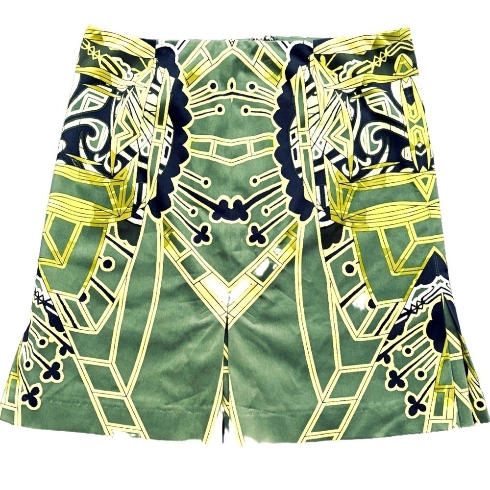 Per Se art green/multi art deco prnt skrt w vents & bk zip SZ 4 art to wear